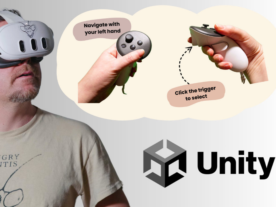 Unity game engine interface showing VR application development for Meta Quest headset