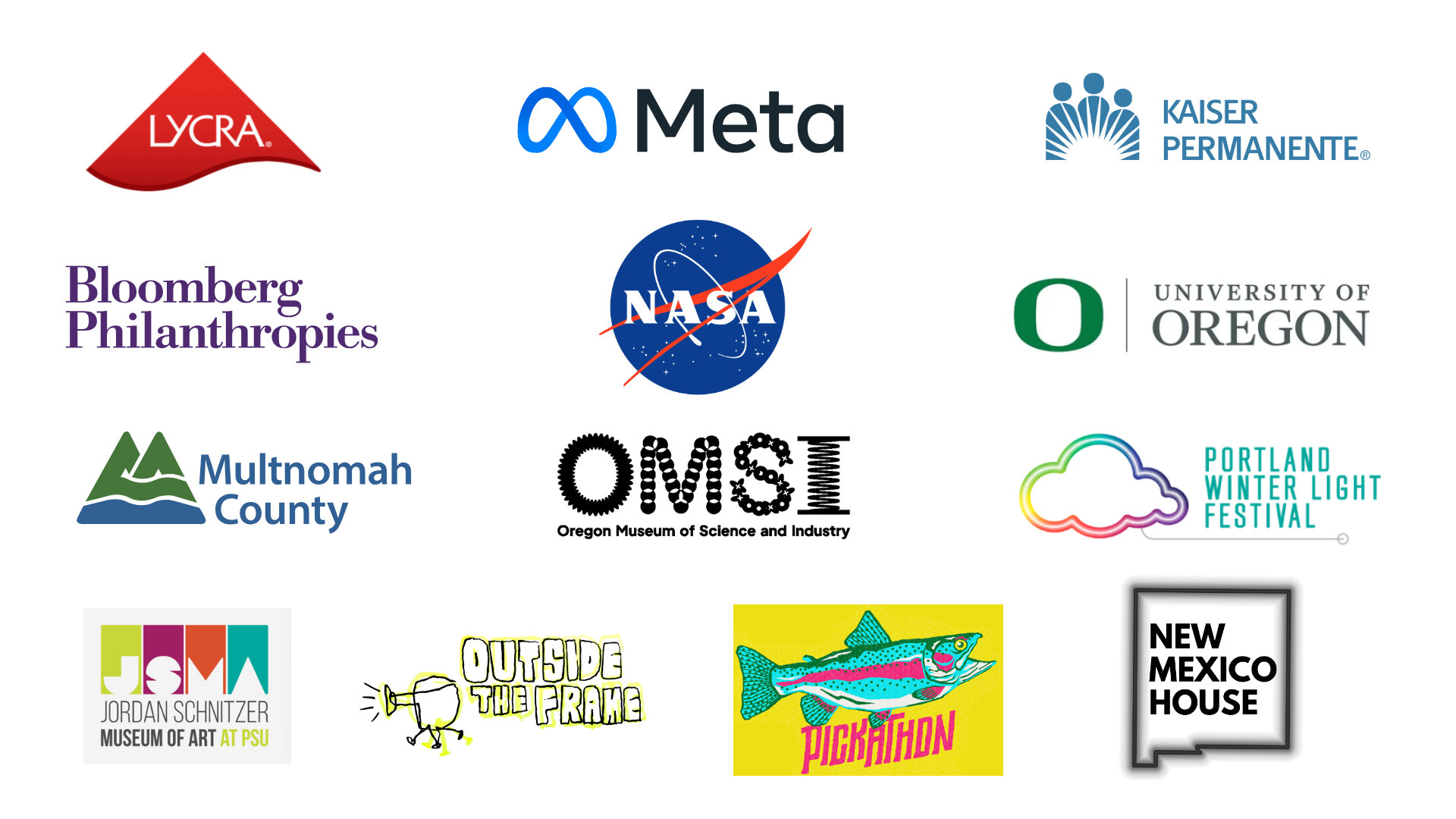 Clients including Meta, NASA, Kaiser Permanente, Bloomberg Philanthropies, University of Oregon, OMSI, Multnomah County, Pickathon, and more